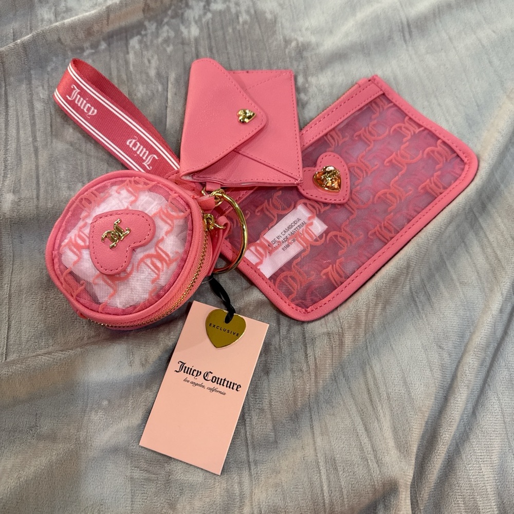 Juicy Couture Y2K Pink Wristlet, Cardholder, & Coin Pouch Set with Key Ring